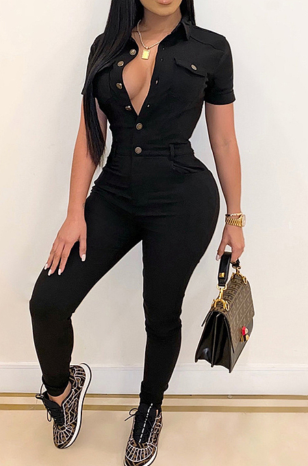 Dark Blue Casual Lapel Neck Short Sleeve Single-Breasted Bodycon Jumpsuits SN390172-2