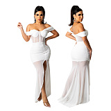 Club Women Off Shoulder Mesh Pure Color Sexy Long Dress KA7188