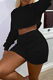 Black Autumn Pure Color Round Neck Long Sleeve Dew Waist T Shirt Shorts Two Piece SM9196-3