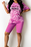 Orange Blue Fashion Tie Dye Letter Print Round Neck Short Sleeve Shorts Casual Sets T231-3