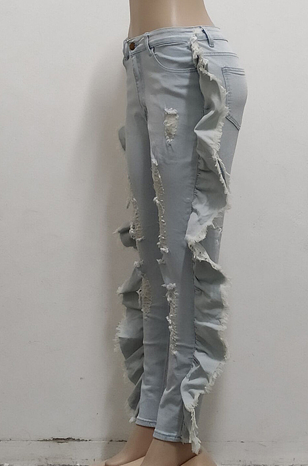 Light Blue Personality Water Washiong Hole Elastic Ruffle Jean Carrot Pants SMR2539