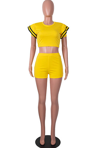 Yellow Brace Horn Sleeve Round Neck Crop Top Shorts Two Piece SZS8076-1