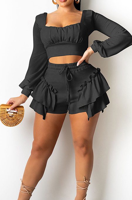 Light Blue Low Cut Long Sleeve Crop Top Cute Mid Waist Ruffle Shorts Two-Piece MTY6566-4