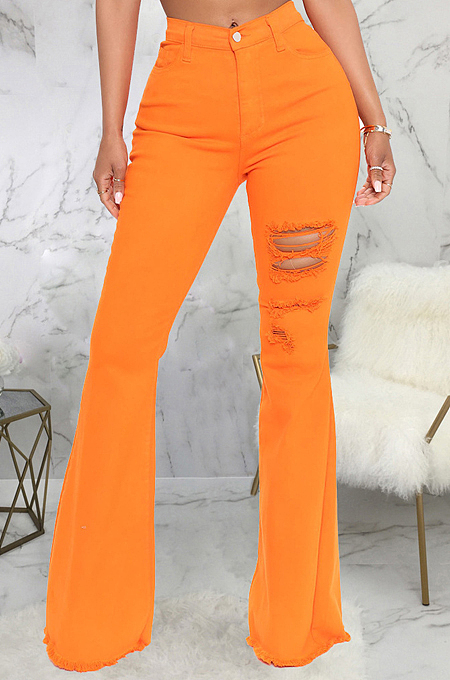Orange Personality Hole Pure Color Elastic Jean Flare Pants SMR2475-1