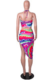 Purple Positioning Print Halter Neck Strapless Drawsting Irregularity Skirts Two Piece SZS8065-3