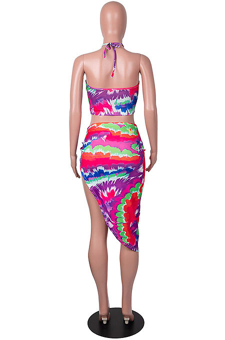 Purple Positioning Print Halter Neck Strapless Drawsting Irregularity Skirts Two Piece SZS8065-3
