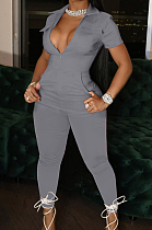 WHOLESALE | Grey Lapel Collar Zipper Pure Color Short Sleeve Causal With Pocket Jumpsuits LML247-3