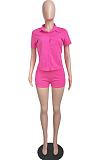 Royal Blue Pure Color Linen Lapel Neck Single-Breasted Short Sleeve Shirt Shorts Two-Piece LML252-2