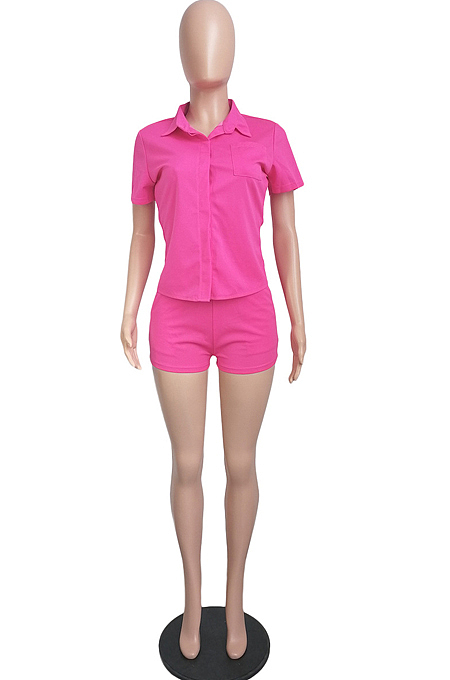 Royal Blue Pure Color Linen Lapel Neck Single-Breasted Short Sleeve Shirt Shorts Two-Piece LML252-2