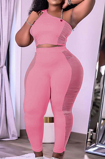 Pink Tight Pure Color Sleeveless Top With China Mid Waist Long Pants Two-Piece MTY6552-3