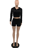 Black Casual Hoodie Zipper Long Sleeve Crop Top Shorts Sports Two Piece QSS51026-1