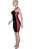 Black Condole Belt Low Cut Side Stripe Spliced Hip Dress SN390164