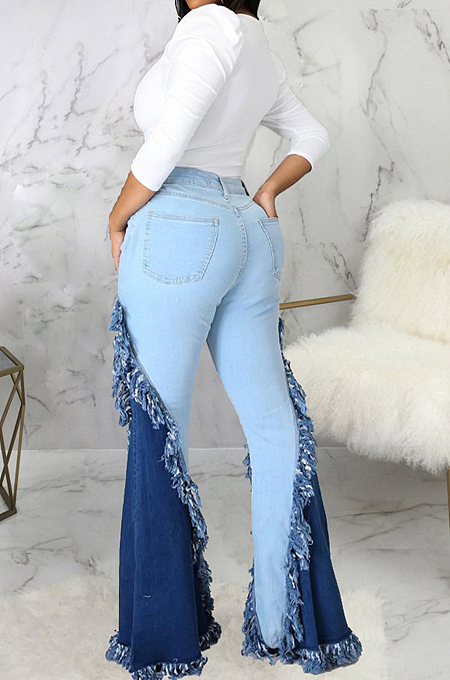 Light Blue High Waist Water Washing Spliced Jean Slim Fitting Stretch Flare Pants SMR2565