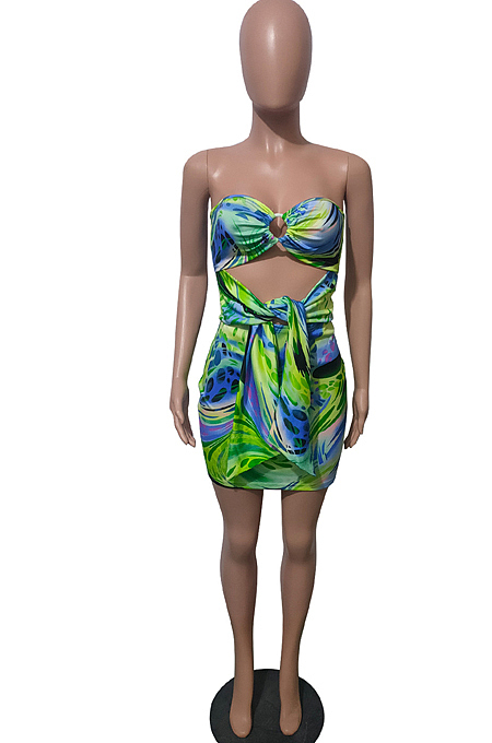 Blue Print Strapless Backless Bandage Dew Waist Sexy Hip Dress T226-2
