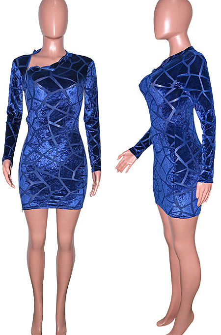 Black Hollow Ourt Flocking Bouble Zipper Long Sleeve Sexy Mini Dress SN3910161-1