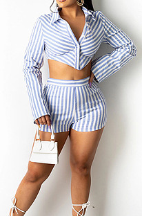 Light Blue Lapel Neck Button Long Sleeve Crop Shirts Mid Waist Shorts Two Piece SZS8101-3