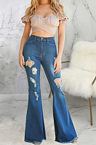 Dark Blue Casual Hole High Waist Elastic Jean Flare Pants SMR2570