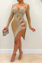 Khaki Hollow Out Mesh Hot Drilling Low Cut Long Sleeve Irregularity Dress SN390167-2