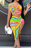 Orange Positioning Print Halter Neck Strapless Drawsting Irregularity Skirts Two Piece SZS8065-1