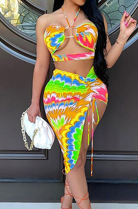 Orange Positioning Print Halter Neck Strapless Drawsting Irregularity Skirts Two Piece SZS8065-1