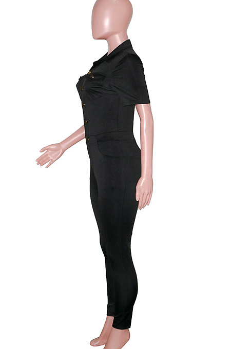 Army Green Casual Lapel Neck Short Sleeve Single-Breasted Bodycon Jumpsuits SN390172-1