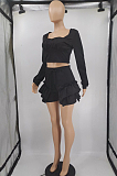 Cream White Low Cut Long Sleeve Crop Top Cute Mid Waist Ruffle Shorts Two-Piece MTY6566-2