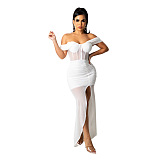 Club Women Off Shoulder Mesh Pure Color Sexy Long Dress KA7188