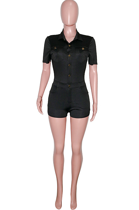 Dark Blue Casual Lapel Neck Short Sleeve Single-Breasted Romper Shorts SN390171-2