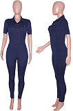 Dark Blue Casual Lapel Neck Short Sleeve Single-Breasted Bodycon Jumpsuits SN390172-2