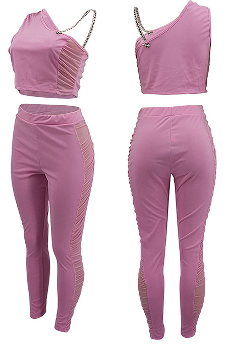 Pink Tight Pure Color Sleeveless Top With China Mid Waist Long Pants Two-Piece MTY6552-3