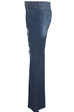Dark Blue Casual Hole High Waist Elastic Jean Flare Pants SMR2570
