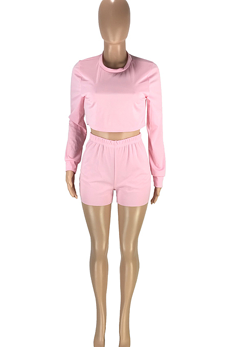 White Autumn Pure Color Round Neck Long Sleeve Dew Waist T Shirt Shorts Two Piece SM9196-2