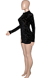 Black Hollow Ourt Flocking Bouble Zipper Long Sleeve Sexy Mini Dress SN3910161-1