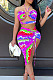Purple Positioning Print Halter Neck Strapless Drawsting Irregularity Skirts Two Piece SZS8065-3