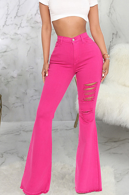 Rose Red Personality Hole Pure Color Elastic Jean Flare Pants SMR2475-2