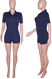 Black Casual Lapel Neck Short Sleeve Single-Breasted Romper Shorts SN390171-1