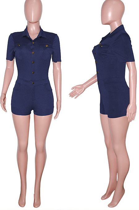 Black Casual Lapel Neck Short Sleeve Single-Breasted Romper Shorts SN390171-1