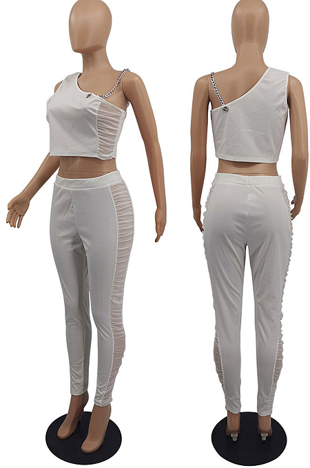 White Tight Pure Color Sleeveless Top With China Mid Waist Long Pants Two-Piece MTY6552-1