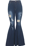 Dark Blue Casual Hole High Waist Elastic Jean Flare Pants SMR2570