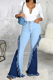 Light Blue High Waist Water Washing Spliced Jean Slim Fitting Stretch Flare Pants SMR2565