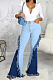 Light Blue High Waist Water Washing Spliced Jean Slim Fitting Stretch Flare Pants SMR2565