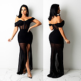 Club Women Off Shoulder Mesh Pure Color Sexy Long Dress KA7188