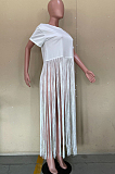 Black Cute Pure Color Round Neck Long Tassel Short Sleeve T Shirts OLY6064-2