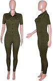 Dark Blue Casual Lapel Neck Short Sleeve Single-Breasted Bodycon Jumpsuits SN390172-2