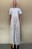 White Cute Pure Color Round Neck Long Tassel Short Sleeve T Shirts OLY6064-1