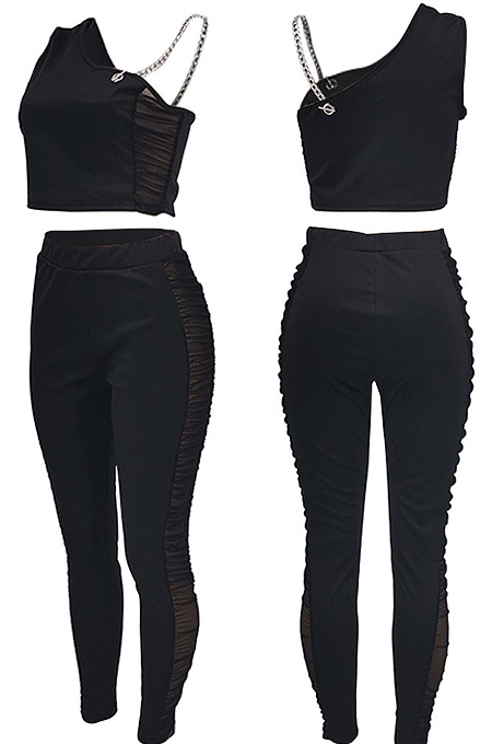 Pink Tight Pure Color Sleeveless Top With China Mid Waist Long Pants Two-Piece MTY6552-3