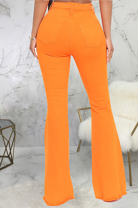 Orange Personality Hole Pure Color Elastic Jean Flare Pants SMR2475-1