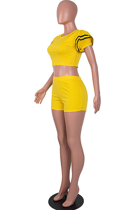 Red Brace Horn Sleeve Round Neck Crop Top Shorts Two Piece SZS8076-2