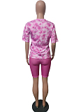 Pink Fashion Tie Dye Letter Print Round Neck Short Sleeve Shorts Casual Sets T231-1