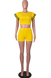 Neon Green Brace Horn Sleeve Round Neck Crop Top Shorts Two Piece SZS8076-4